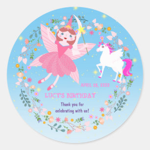 Sticker Rond Unicorne et Fairy Magie fête d'anniversaire