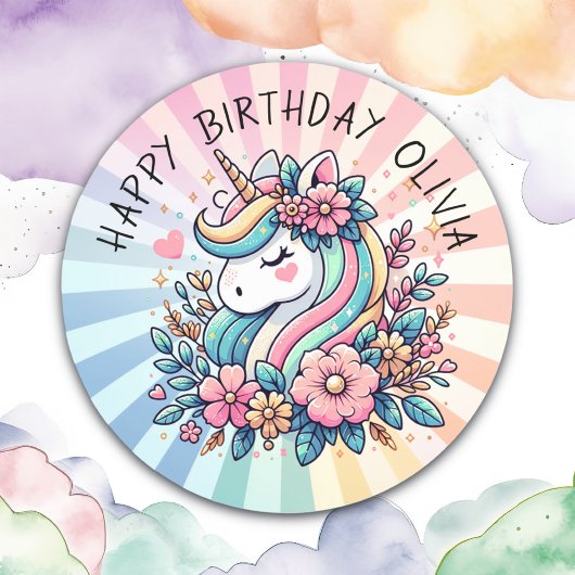 Sticker Rond Unicorne et fleurs magiques rose et or