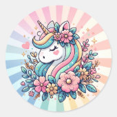 Sticker Rond Unicorne et fleurs magiques rose et or (Devant)