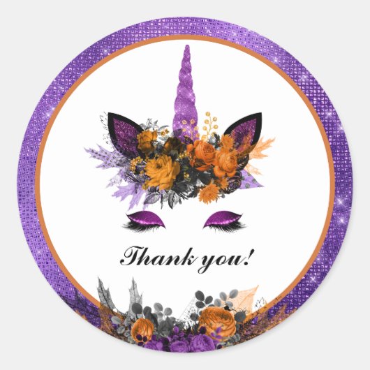 Sticker Rond Unicorne Halloween Floral Anniversaire Merci (Devant)