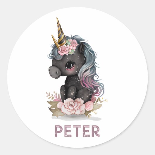 Sticker Rond Unicorne noire mignonne avec Fleurs Aquarelle Unic (Devant)