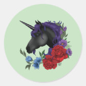 Sticker Rond Unicorne noire violet Fleurs rouges (Devant)