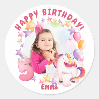 Sticker Rond Unicorne personnalisée rose 5e anniversaire fille