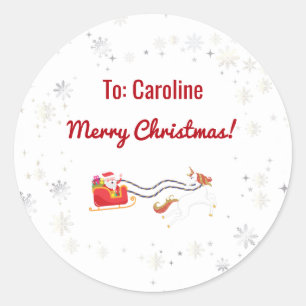 Sticker Rond Unicorne Pulling Père Noël Nom de la traînée Joyeu