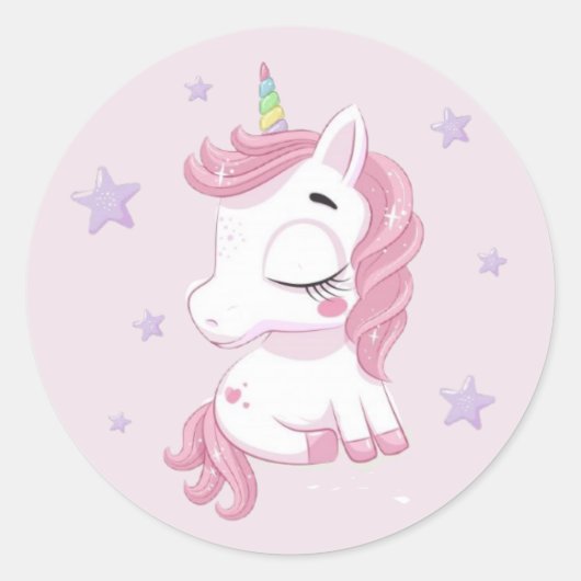 Sticker Rond Unicorne rose avec étoiles violettes (Devant)