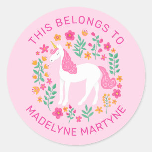 Sticker Rond Unicorne Rose Cela Appartient À L'École Personnali