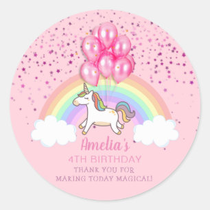 Sticker Rond Unicorne rose magique Arc-en-ciel Merci d'annivers