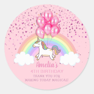 Sticker Rond Unicorne rose magique Arc-en-ciel Merci d'annivers