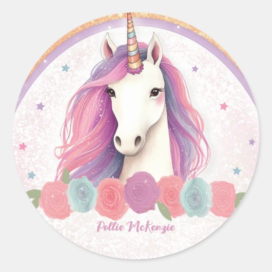 Sticker Rond Unicorne rose unique, Rose, Anniversaire arc-en-ci (Devant)
