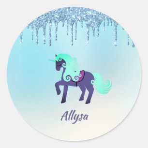 Sticker Rond Unicorne violette et Turquoise avec Parties scinti