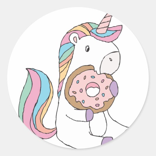Sticker Rond Unicornes affamées Unicorne colorée Art mignon (Devant)