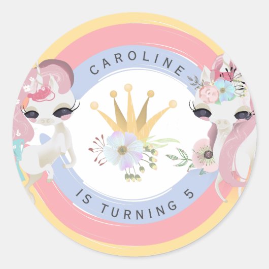 Sticker Rond Unicornes et arc-en-ciel fête d'anniversaire fille (Devant)