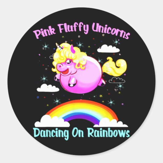 Sticker Rond Unicornes Fluffes Roses Dansant Sur Rainbows T Shi (Devant)