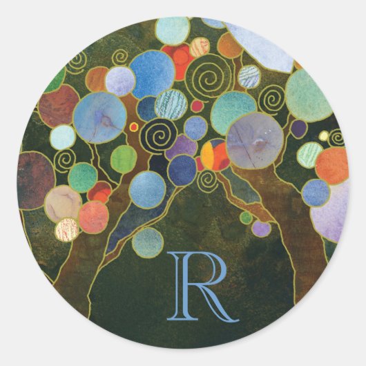 Sticker Rond Unique Amour Arbres Mariage bleu Monogramme (Devant)