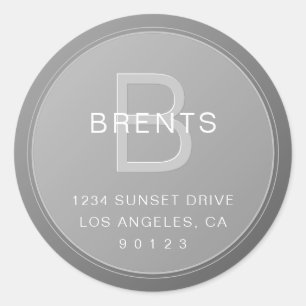 Sticker Rond Unique Monogramme Gris Gradient Adresse de retour