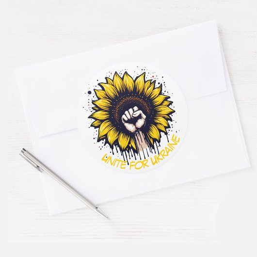 Sticker Rond Unite for Ukraine Sunflower & Fist