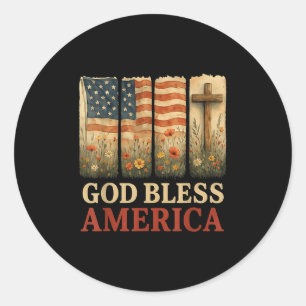 Sticker Rond Usa Drapeau Croix Dieu Béni Amérique Floral Chréti