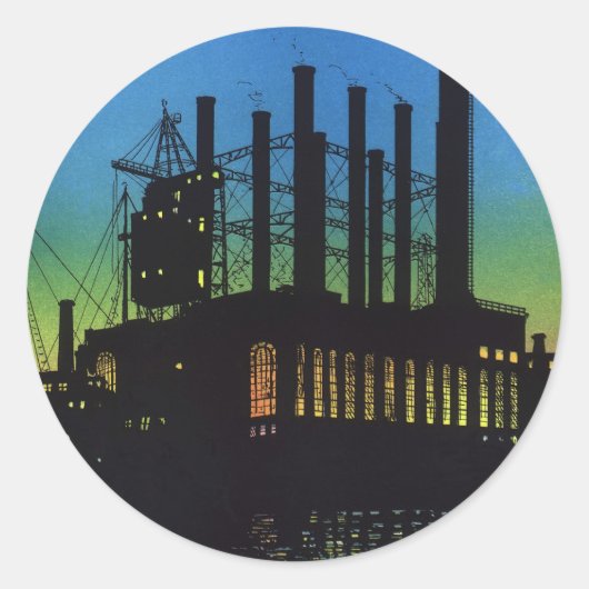 Sticker Rond Usine de fabrication au coucher du soleil, Entrepr (Devant)
