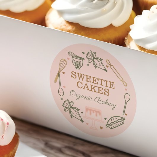 Sticker Rond Ustensile de cuisson et Cuisine rose et vert olive