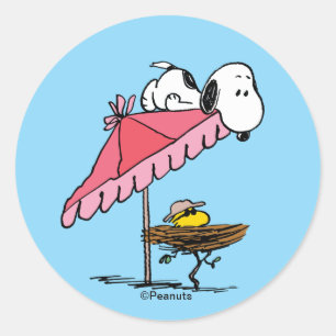 Sticker Rond Vacances à la plage de Snoopy et Woodstock