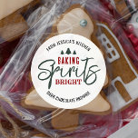 Sticker Rond Vacances Baking Spirits Bright Christmas Cookies<br><div class="desc">sticker de pâtisserie de vacances qui dit 'Baking Spirits Bright', avec des polices tendance, des couleurs rouge et vert festives, motif d'arbre de Noël et avec espace pour votre texte personnalisé et votre nom. Parfait pour étiquette vos gâteries de Noël pour un échange de biscuits ou des cadeaux de vacances...</div>