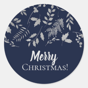 Sticker Rond Vacances botaniques bleu et argent d'hiver
