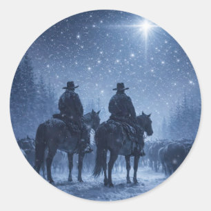 Sticker Rond Vacances de Noël Cowboys Chevaux Bétail Étoile du
