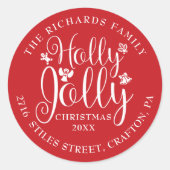 Sticker Rond Vacances de Noël Holly Jolly Nom Adresse (Devant)