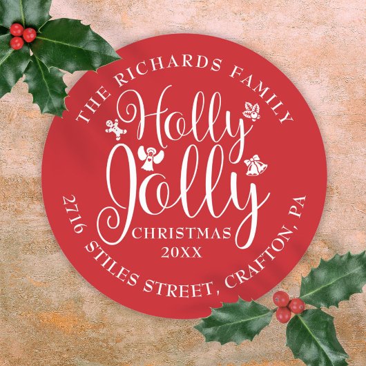 Sticker Rond Vacances de Noël Holly Jolly Nom Adresse