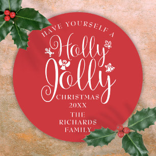 Sticker Rond Vacances de Noël Holly Jolly Nom de la famille