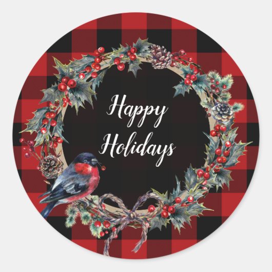Sticker Rond Vacances de Noël Russe Wreath Buffalo Rouge Plaid (Devant)