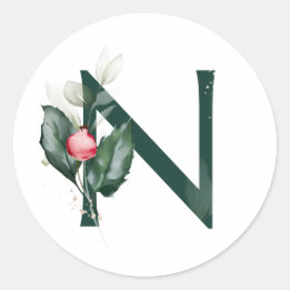 Sticker Rond Vacances d'hiver MONOGRAMME baies de poinsettia ro