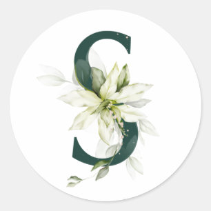 Sticker Rond Vacances d'hiver MONOGRAMME poinsettia blanc