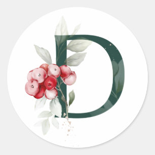 Sticker Rond Vacances d'hiver MONOGRAMME poinsettia rouge baies
