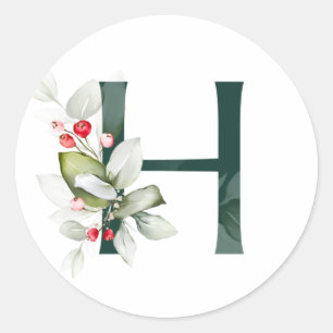 Sticker Rond Vacances d'hiver MONOGRAMME poinsettia rouge baies