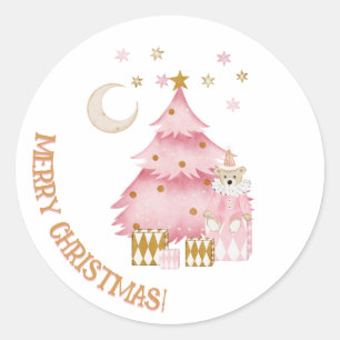 Sticker Rond Vacances d'hiver rose ours coton