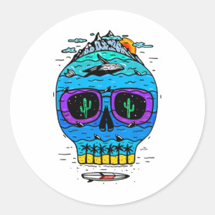 Sticker Rond Vacances drôles de surf de crâne Paradis tropical