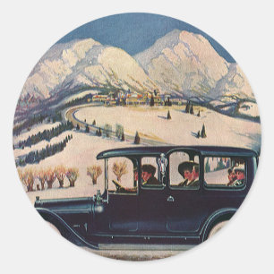 Sticker Rond Vacances familiales vintage dans une voiture autom
