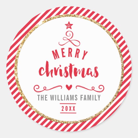Sticker Rond VACANCES Joyeux Noël arbre rouge rayé (Devant)
