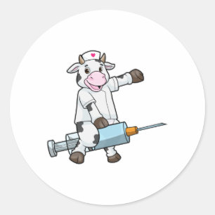 Sticker Rond Vache comme infirmière avec coeur et seringue