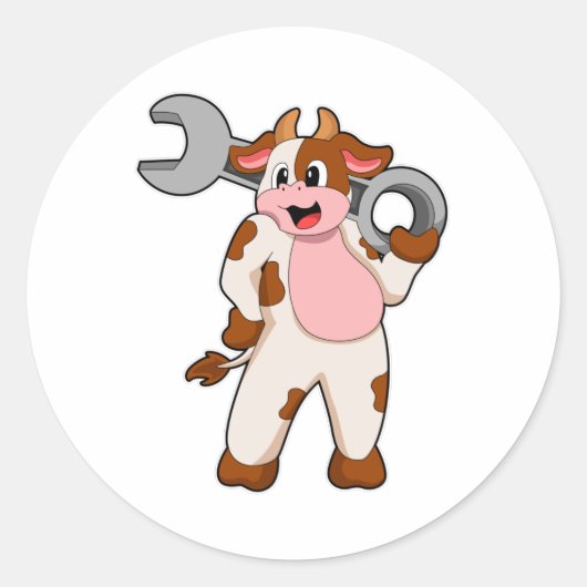 Sticker Rond Vache comme mécanicien avec clé (Devant)