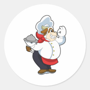 Sticker Rond Vache comme serveur avec assiette servante
