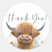 Sticker Rond Vache de Highland à fleurs vertes c'est un garçon (Devant)