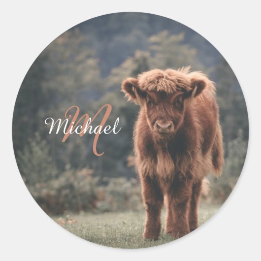 Sticker Rond Vache de Highland calvaire herbe d'automne monogra (Devant)
