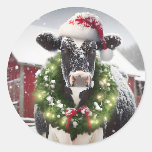 Sticker Rond Vache de Noël portant une couronne (Devant)
