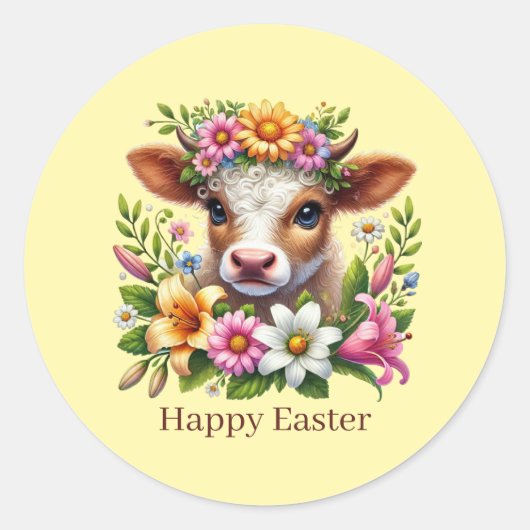 Sticker Rond Vache de Pâques mignonne et heureuse (Devant)