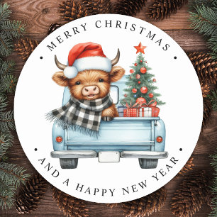 Sticker Rond Vache des Highlands Camion Bleu Vintage Joyeux Noë