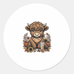 Sticker Rond Vache des Highlands d'automne Art de ferme vintage