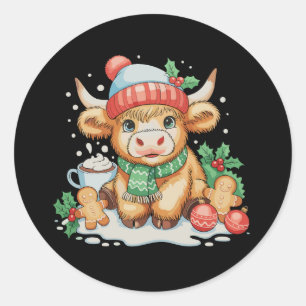 Sticker Rond Vache des Highlands de Noël Chapeau de Santa Mooey