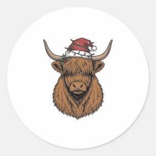 Sticker Rond Vache des Highlands de Noël Gravure Vintage Chapea